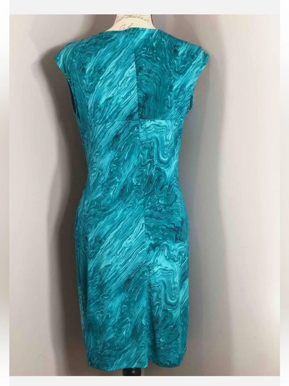 Michael Kors Womens Teal Marble Print Ruched Draped Twist Front Midi Dress PS